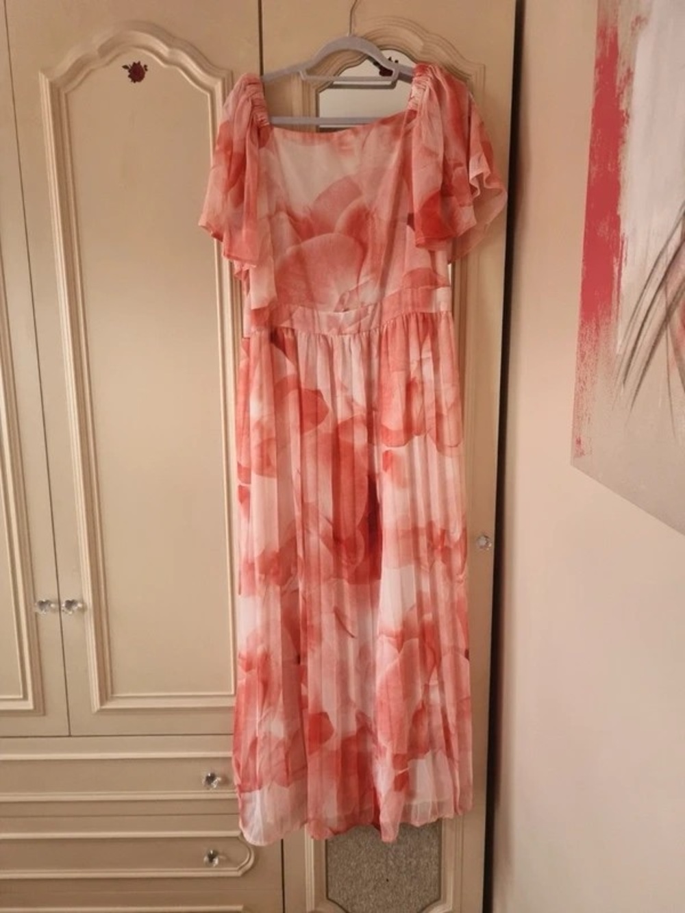 Coral and Cream Floral Maxi Dress with Flutter Sleeves